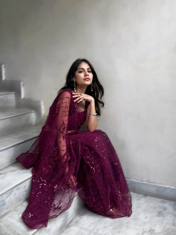 Purple Soft Net Embroidered Saree