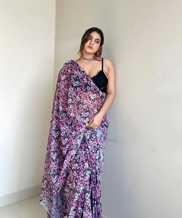 Petrichor 1-Minute Ready To Wear Purple Georgette Saree
