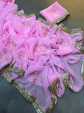 SOFT GEORGETTE FABRIC ALONG WITH RUNNING CUTTA DANA SLEEV WORK WITH ATTACHÉ LACE