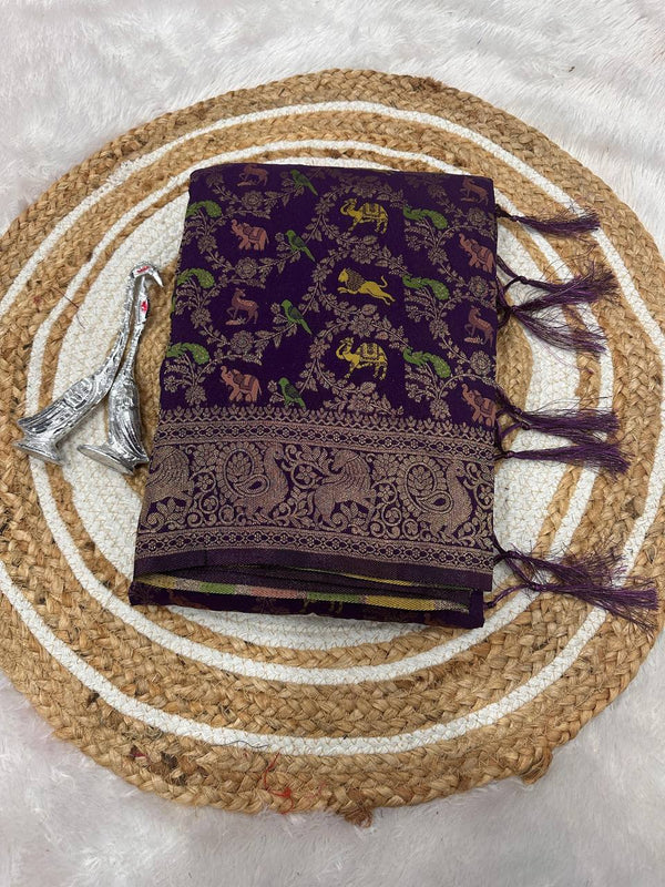 Pure Naylon kadi Creap Georgette jangal theem meenakari jaqurad weveing body ,border with Rich pallu