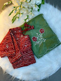 Green Bandhej Saree with cutdana work with Blouse.