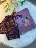 Green Bandhej Saree with cutdana work with Blouse - PURPLE