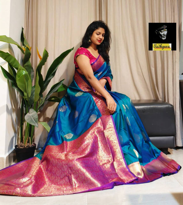 Sizzling Blue Soft Banarasi Silk Saree With Designer Blouse Piece