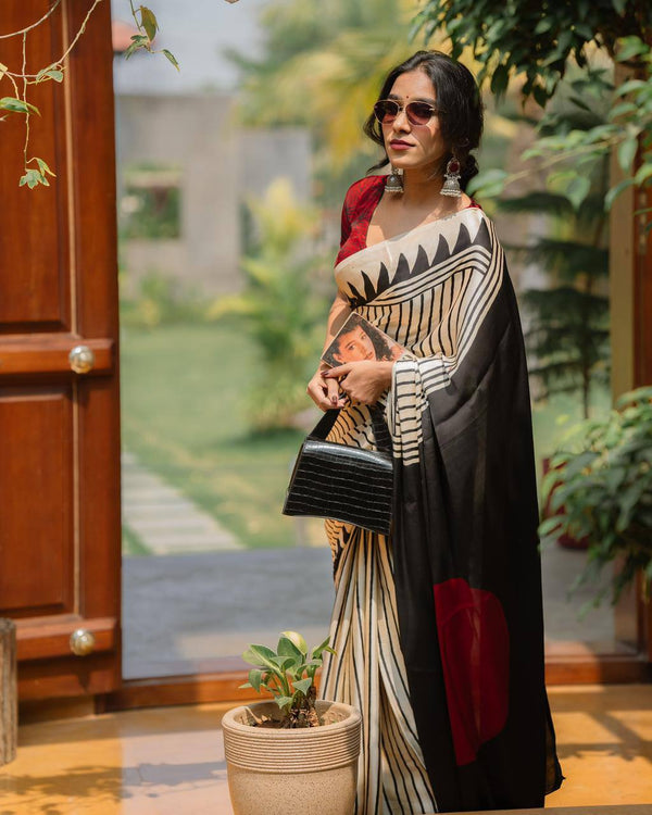 Glorious Beige Digital Printed Crape Silk Saree With Whimsical Blouse Piece