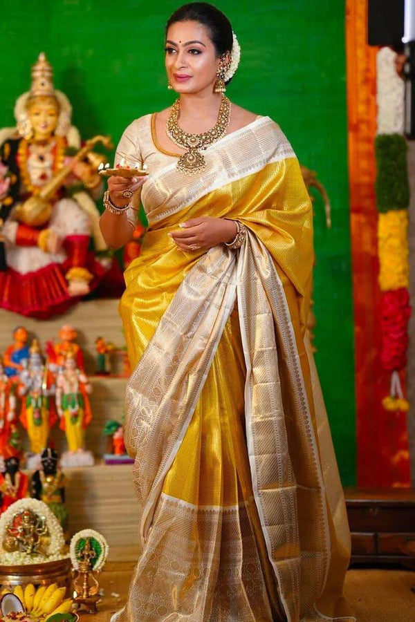 Celebrity Inspired Gold & Silver Border Banarasi Tissue Silk Saree