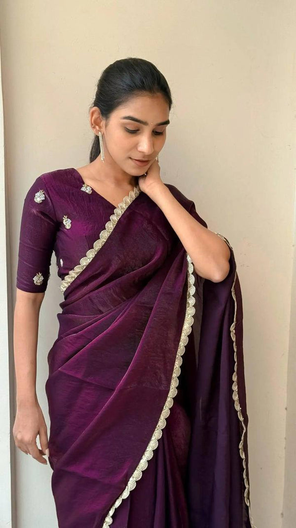 Elegant Space Silk Saree with Golden Sequence Border & Beads Work Blouse