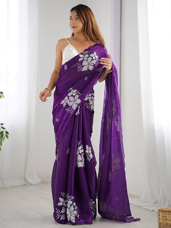 Captivating Purple Embroidered Organza Saree With Blouse