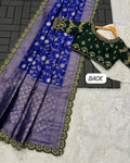 Party Wear Embroidery Work Saree With Golden Border - NEVY BLUE