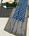 Party Wear Embroidery Work Saree With Golden Border - BLUE