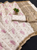 Ivory Tussar Silk Saree with Gold Border Peach Embroidery Diwali pink Saree with Blouse