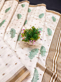 Ivory Tussar Silk Saree with Gold Border Peach Embroidery Diwali pista Saree with Blouse