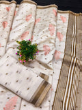 Ivory Tussar Silk Saree with Gold Border Peach Embroidery Diwali light pink Saree with Blouse