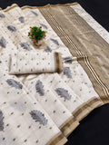 Ivory Tussar Silk Saree with Gold Border Peach Embroidery Diwali gray Saree with Blouse