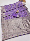 PURPUL FANCY BANARASI SILK FLOWERS AND MINA WITH WEAVING ZARI RICH PALLU AND BORDER WORK SAREE WITH UNSTITCHED BLOUSE