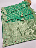 SEA GREEN  FANCY BANARASI SILK FLOWERS AND MINA WITH WEAVING ZARI RICH PALLU AND BORDER WORK SAREE WITH UNSTITCHED BLOUSE