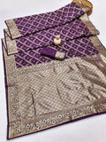 WINE  FANCY BANARASI SILK FLOWERS AND MINA WITH WEAVING ZARI RICH PALLU AND BORDER WORK SAREE WITH UNSTITCHED BLOUSE