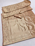 CREAM  FANCY BANARASI SILK FLOWERS AND MINA WITH WEAVING ZARI RICH PALLU AND BORDER WORK SAREE WITH UNSTITCHED BLOUSE