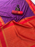 Beleaguer Royal Soft Banarasi Silk purple Saree With Demanding Blouse Piece