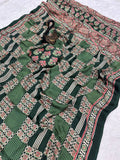 Redolent + Ajrakh Printed Gajji Soft Silk Saree With Deserving Blouse Piece - DARK GREEN