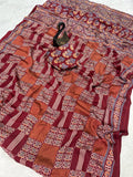 Redolent + Ajrakh Printed Gajji Soft Silk Saree With Deserving Blouse Piece -  Maroon