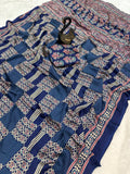 Redolent + Ajrakh Printed Gajji Soft Silk Saree With Deserving Blouse Piece - Blue