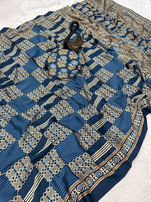 Redolent + Ajrakh Printed Gajji Soft Silk Saree With Deserving Blouse Piece