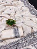 Embroidered Tussar Silk Saree with Piping Border & Blouse - DARK BLUE