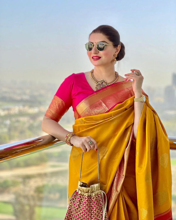 Yellow Colour Kanjivaram Woven Silk Saree With Blouse Piece