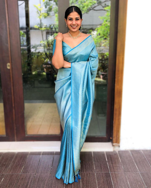 Light sky Colour Kanjivaram Woven Silk Saree With Blouse Piece