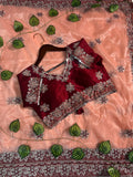 beautiful Designers party wear soft silk fabric On Beautiful border Embroidery work Saree - PEACH
