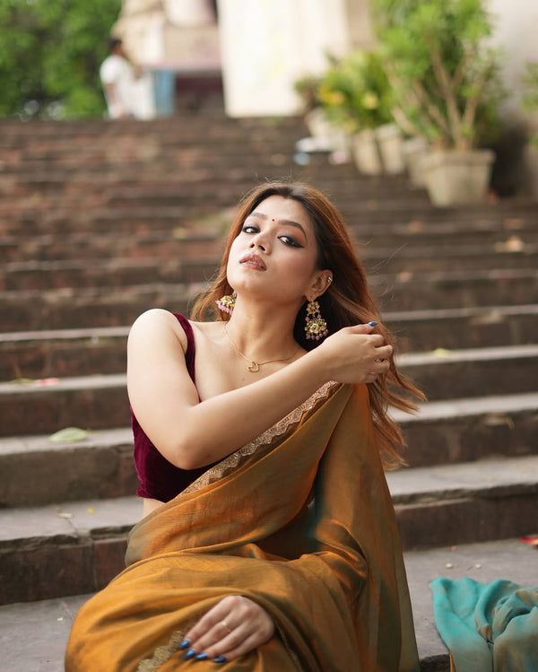 New Designer Soft Fancy Fandy Silk Two Tone Saree With Beautiful Handworked Lace Border