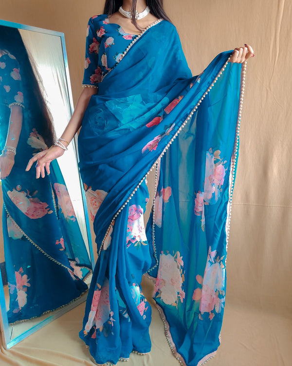 Firozi Color Printed With Peral Lace Border Georgette Stylist Saree