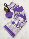 Kalamkari Printed Satin Saree - PURPLE