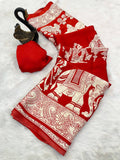 Kalamkari Printed Satin Saree - RED