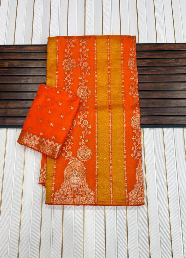 Majestic ORANGE Banarasi Silk Saree with Intricate Meenakari-Style Zari Weaving
