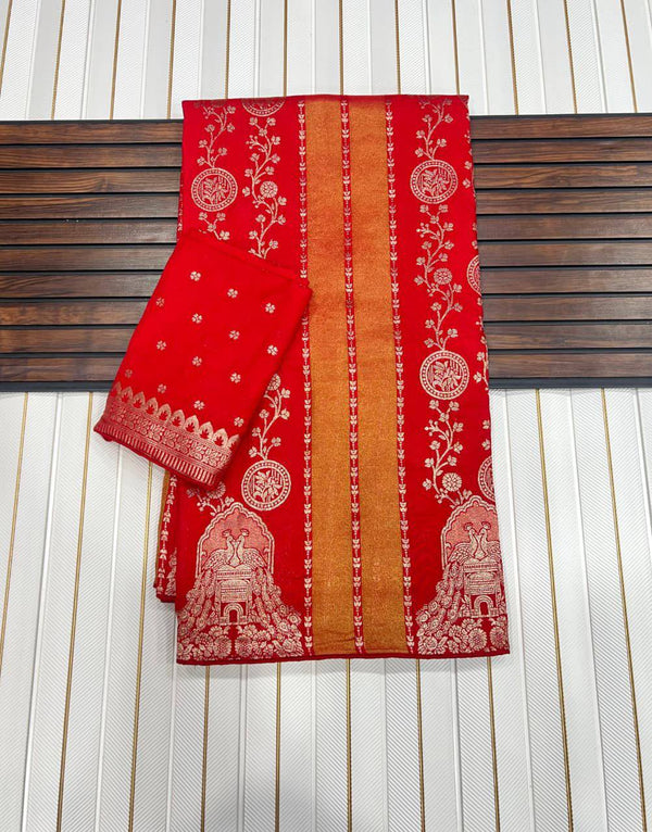 Majestic RED Banarasi Silk Saree with Intricate Meenakari-Style Zari Weaving