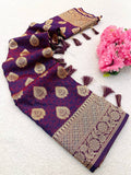 Premium Banarasi Soft Silk Sarees with Golden zari Buti weaves all over the body, having rich zari woven pallu and paired with BUTI WORK running Blouse-MAROON