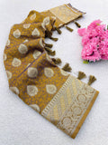 Premium Banarasi Soft Silk Sarees with Golden zari Buti weaves all over the body, having rich zari woven pallu and paired with BUTI WORK running Blouse-YELLOW
