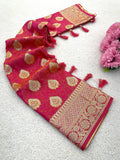 Premium Banarasi Soft Silk Sarees with Golden zari Buti weaves all over the body, having rich zari woven pallu and paired with BUTI WORK running Blouse-PINK