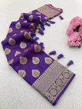 Premium Banarasi Soft Silk Sarees with Golden zari Buti weaves all over the body, having rich zari woven pallu and paired with BUTI WORK running Blouse