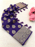 Premium Banarasi Soft Silk Sarees with Golden zari Buti weaves all over the body, having rich zari woven pallu and paired with BUTI WORK running Blouse- DARK PURPLE