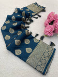 Premium Banarasi Soft Silk Sarees with Golden zari Buti weaves all over the body, having rich zari woven pallu and paired with BUTI WORK running Blouse - RAMA GREEN