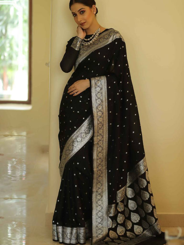 Black Colour Kanjivaram Woven Silk Saree With Blouse Piece