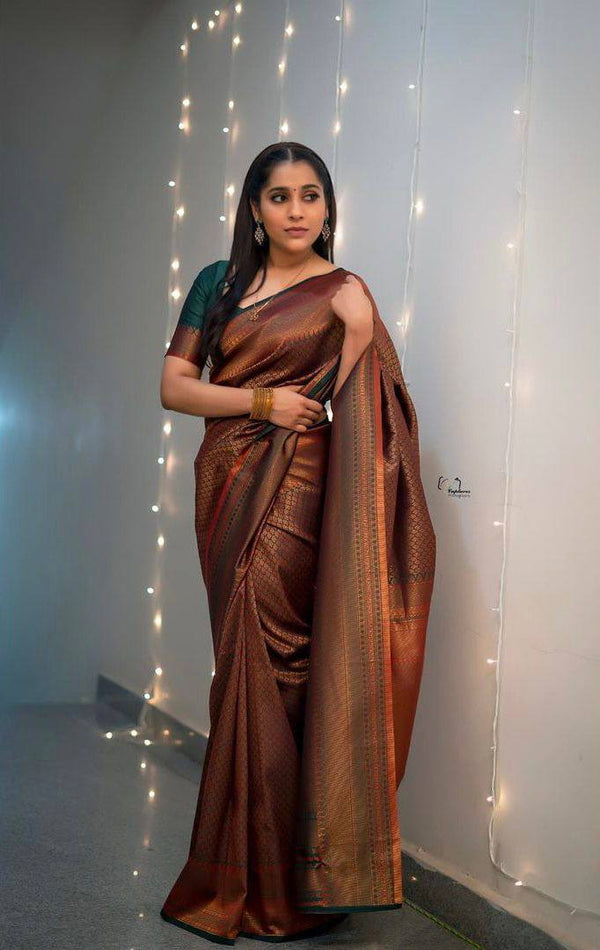 Brown Colour Kanjivaram Woven Silk Saree With Blouse Piece